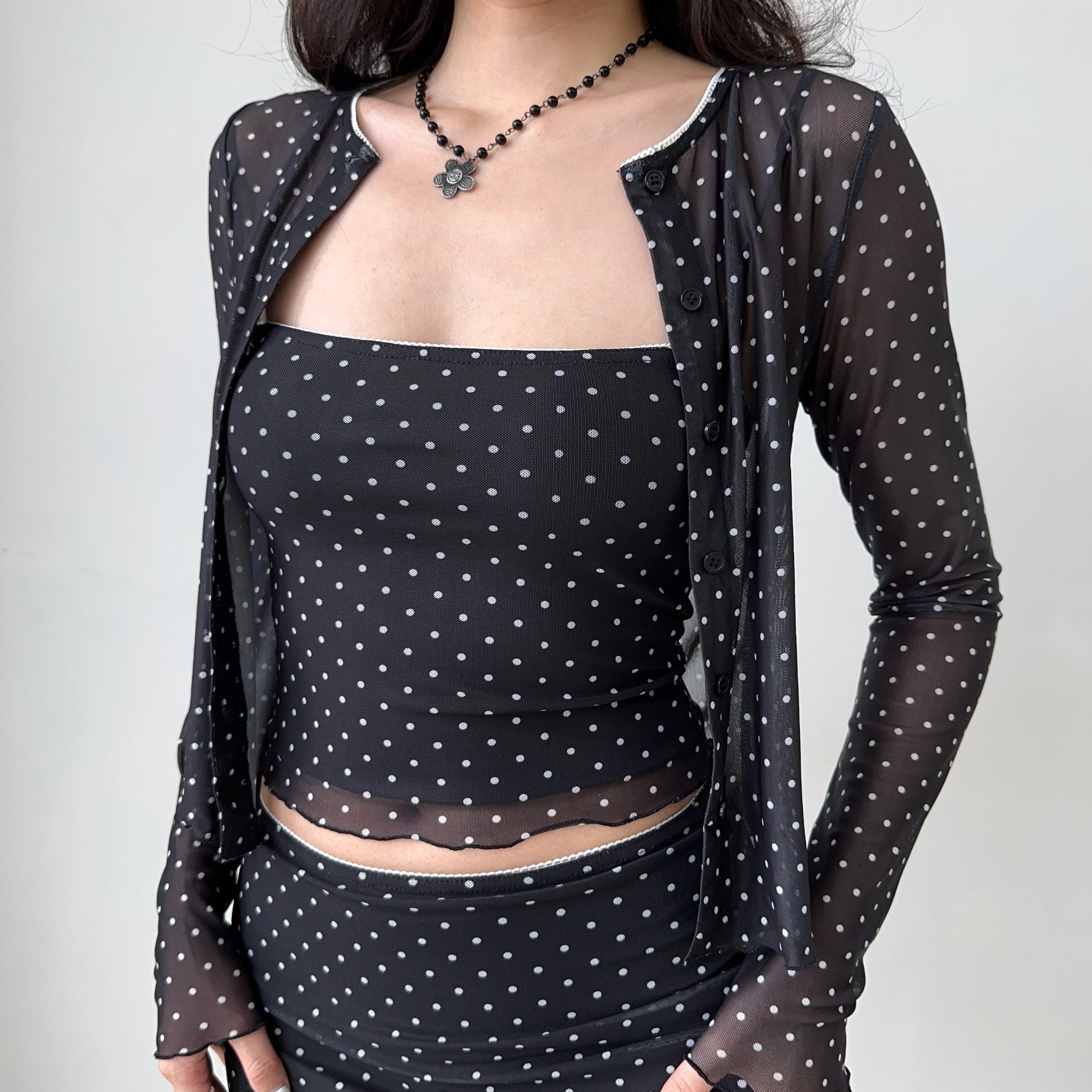 Black Polka Dot Mesh Cardigan and High-Waisted Skirt Set for Women - European American Style, Chic Layering Outfit Black Polka Dot Mesh Cardigan and High-Waisted Skirt Set for Women - European American Style, Chic Layering Outfit