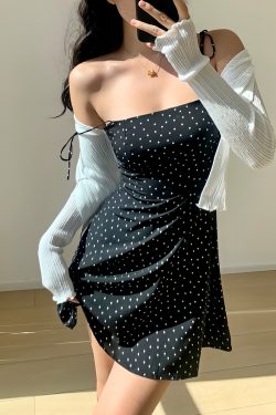 Black Polka Dot Thin Strap A-Line Mini Dress - Sexy Waist-Defining Vacation Style, 90s Inspired Fashion