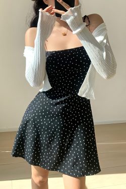 Black Polka Dot Thin Strap A-Line Mini Dress - Sexy Waist-Defining Vacation Style, 90s Inspired Fashion