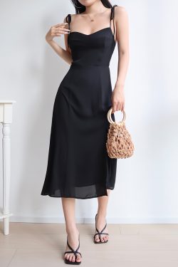 Black Vintage Tie-Up Holiday Dress for Women - Side Split V-Neck Strap Long Dress in 90s Style