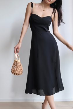 Black Vintage Tie-Up Holiday Dress for Women - Side Split V-Neck Strap Long Dress in 90s Style