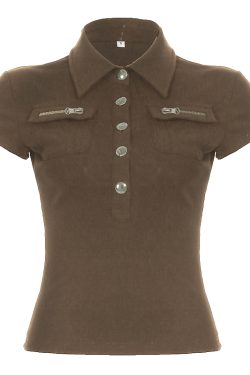 Black Workwear Lapel Zipper Button Short Sleeve T-Shirt - Slim Fit Versatile Top for Street Style and Casual Looks