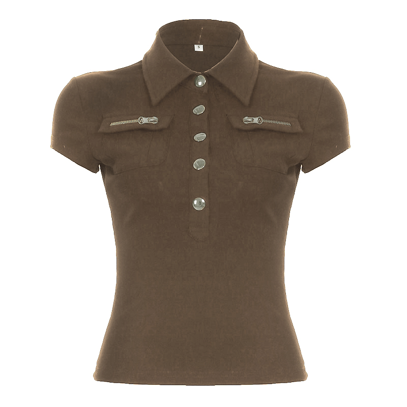 Black Workwear Lapel Zipper Button Short Sleeve T-Shirt - Slim Fit Versatile Top for Street Style and Casual Looks Black Workwear Lapel Zipper Button Short Sleeve T-Shirt - Slim Fit Versatile Top for Street Style and Casual Looks