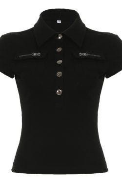 Black Workwear Lapel Zipper Button Short Sleeve T-Shirt - Slim Fit Versatile Top for Street Style and Casual Looks