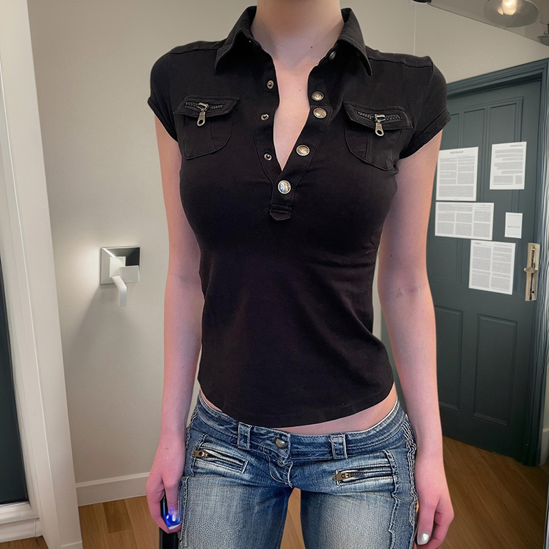 Black Workwear Lapel Zipper Button Short Sleeve T-Shirt - Slim Fit Versatile Top for Street Style and Casual Looks Black Workwear Lapel Zipper Button Short Sleeve T-Shirt - Slim Fit Versatile Top for Street Style and Casual Looks