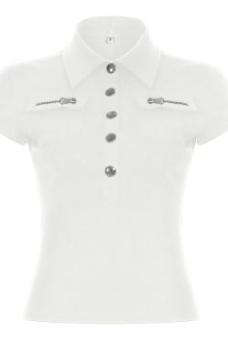 Black Workwear Lapel Zipper Button Short Sleeve T-Shirt - Slim Fit Versatile Top for Street Style and Casual Looks