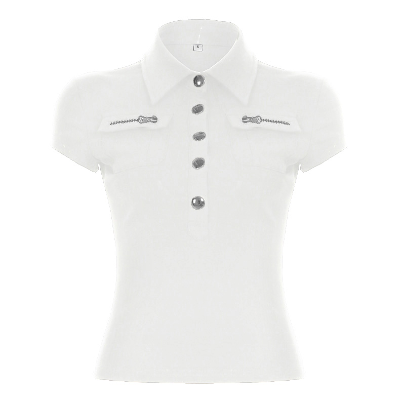 Black Workwear Lapel Zipper Button Short Sleeve T-Shirt - Slim Fit Versatile Top for Street Style and Casual Looks Black Workwear Lapel Zipper Button Short Sleeve T-Shirt - Slim Fit Versatile Top for Street Style and Casual Looks