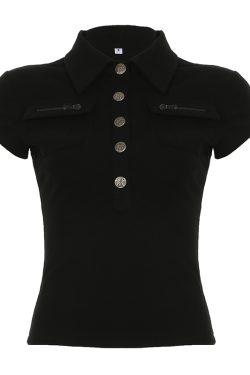 Black Workwear Lapel Zipper Button Short Sleeve T-Shirt - Slim Fit Versatile Top for Street Style and Casual Looks