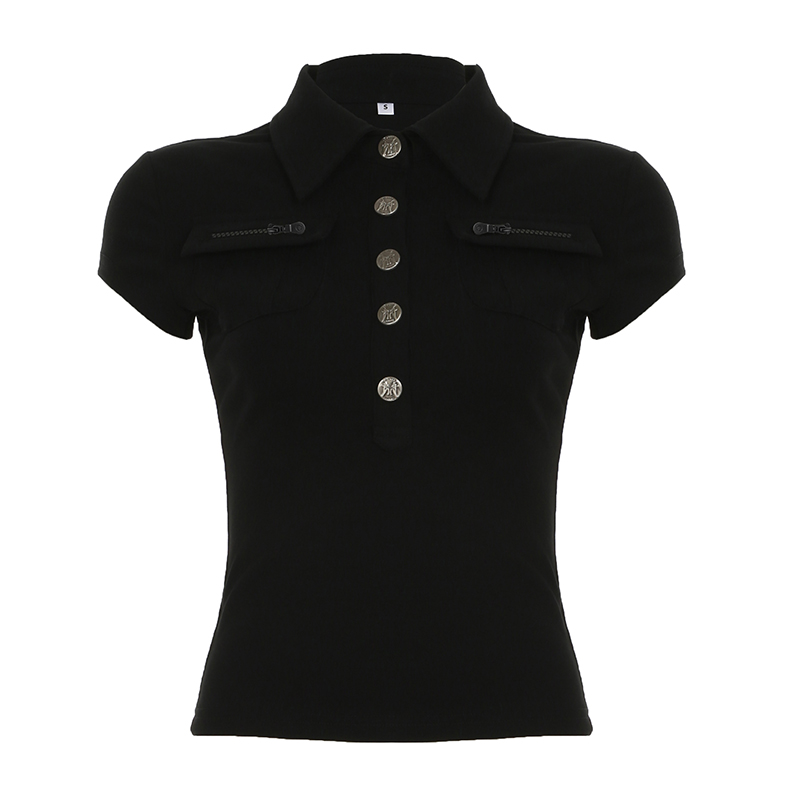 Black Workwear Lapel Zipper Button Short Sleeve T-Shirt - Slim Fit Versatile Top for Street Style and Casual Looks Black Workwear Lapel Zipper Button Short Sleeve T-Shirt - Slim Fit Versatile Top for Street Style and Casual Looks