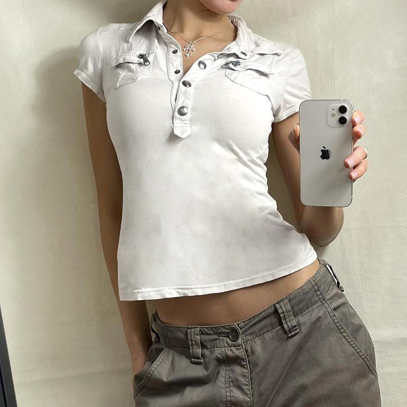 Black Workwear Lapel Zipper Button Short Sleeve T-Shirt - Slim Fit Versatile Top for Street Style and Casual Looks Black Workwear Lapel Zipper Button Short Sleeve T-Shirt - Slim Fit Versatile Top for Street Style and Casual Looks