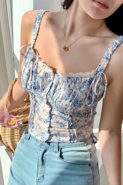 Blue Floral Camisole Top for Summer – Elastic Back Outer Wear, Fresh Girl Style, French-Inspired, Perfect for 90s and Y2K Looks