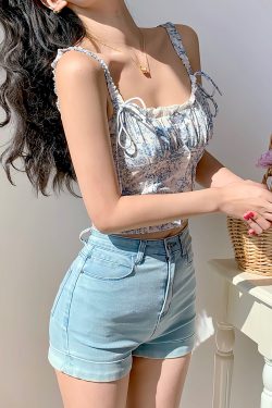 Blue Floral Camisole Top for Summer – Elastic Back Outer Wear, Fresh Girl Style, French-Inspired, Perfect for 90s and Y2K Looks