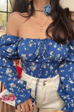 Blue Floral Cropped Blouse Shirt with French Square Neck and Lantern Sleeves for 2025 Spring/Summer Vacation Style