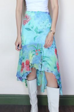 Blue Floral Irregular Print Midi Skirt - Vacation Style Slim Fit Dress for Effortless 90s-Inspired Summer Fashion