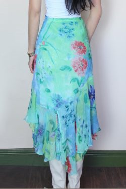 Blue Floral Irregular Print Midi Skirt - Vacation Style Slim Fit Dress for Effortless 90s-Inspired Summer Fashion