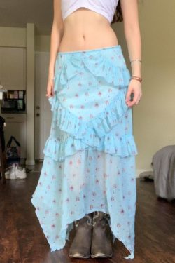 Blue Floral Ruffled Hem Midi Skirt for Women - Irregular Straight Draped Tulle Design, Perfect for Summer and Y2K Style