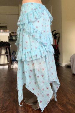Blue Floral Ruffled Hem Midi Skirt for Women - Irregular Straight Draped Tulle Design, Perfect for Summer and Y2K Style