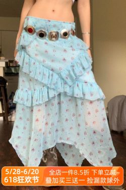 Blue Floral Ruffled Hem Midi Skirt for Women - Irregular Straight Draped Tulle Design, Perfect for Summer and Y2K Style