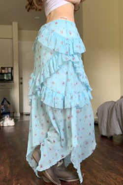 Blue Floral Ruffled Hem Midi Skirt for Women - Irregular Straight Draped Tulle Design, Perfect for Summer and Y2K Style