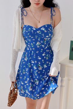 Blue Floral Spaghetti Strap Dress for Women - Summer A-Line Shoulder Tie Vacation Style, European American Fashion