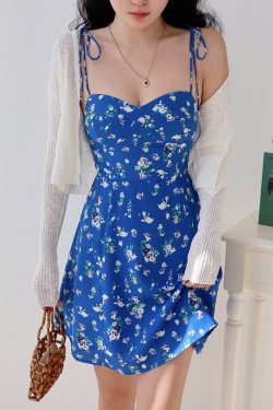 Blue Floral Spaghetti Strap Dress for Women - Summer A-Line Shoulder Tie Vacation Style, European American Fashion