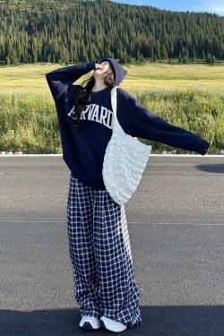 Blue Plaid Casual Pants for Women - Straight Leg, Floor-Length, Spring Autumn Style, Inspired by Zhao Lusi, Y2K Fashion