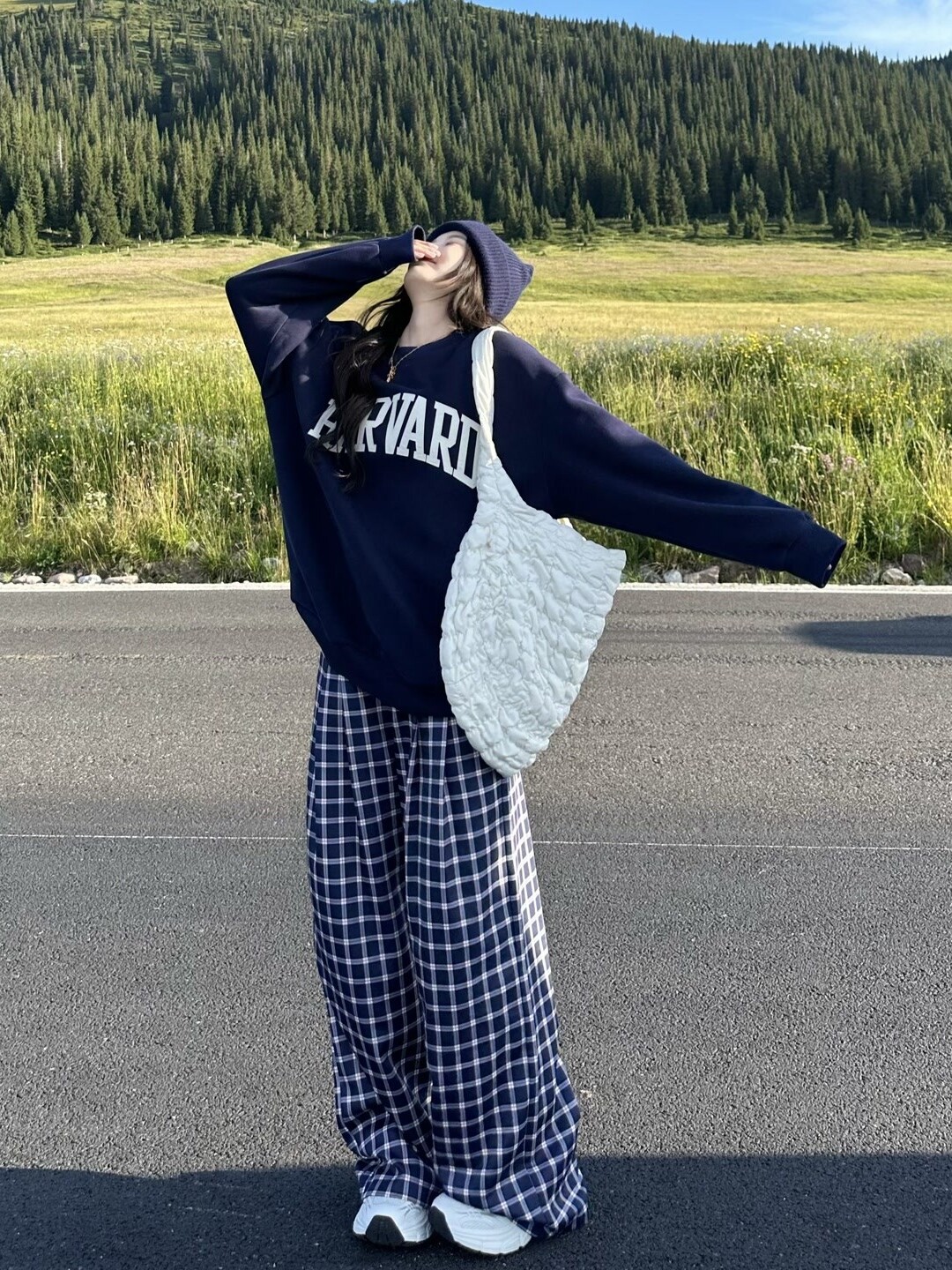 Blue Plaid Casual Pants for Women - Straight Leg, Floor-Length, Spring Autumn Style, Inspired by Zhao Lusi, Y2K Fashion Blue Plaid Casual Pants for Women - Straight Leg, Floor-Length, Spring Autumn Style, Inspired by Zhao Lusi, Y2K Fashion