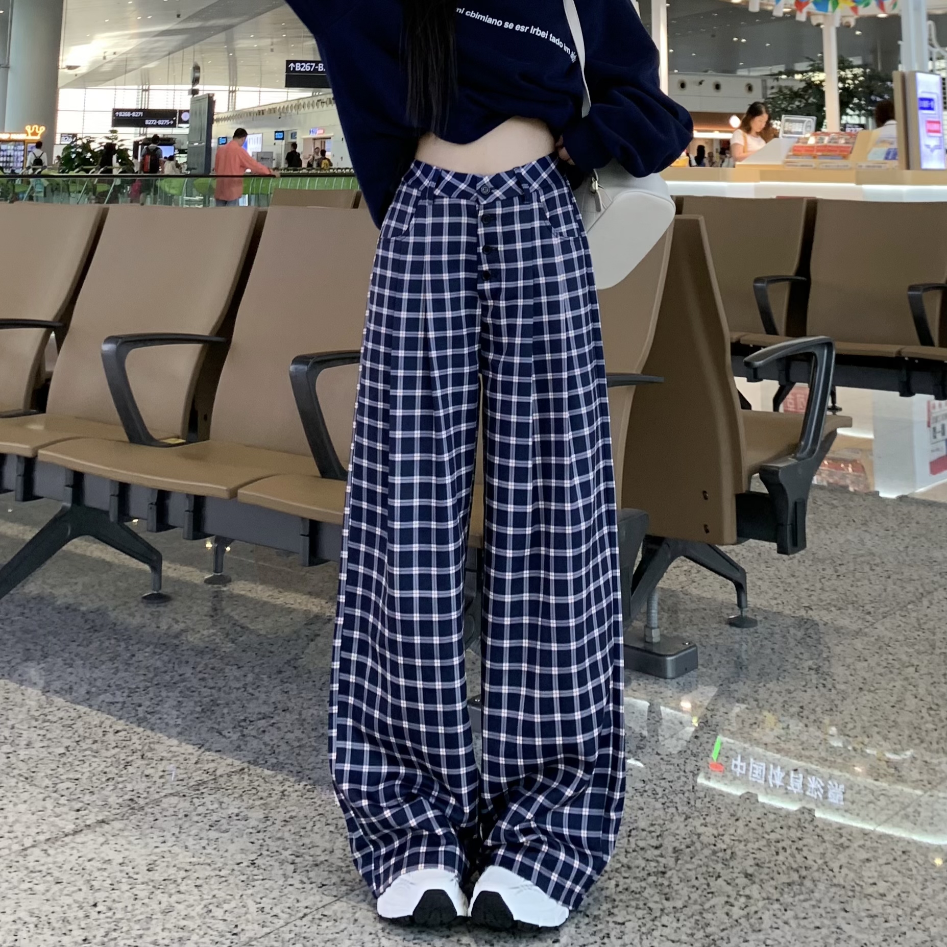 Blue Plaid Casual Pants for Women - Straight Leg, Floor-Length, Spring Autumn Style, Inspired by Zhao Lusi, Y2K Fashion Blue Plaid Casual Pants for Women - Straight Leg, Floor-Length, Spring Autumn Style, Inspired by Zhao Lusi, Y2K Fashion