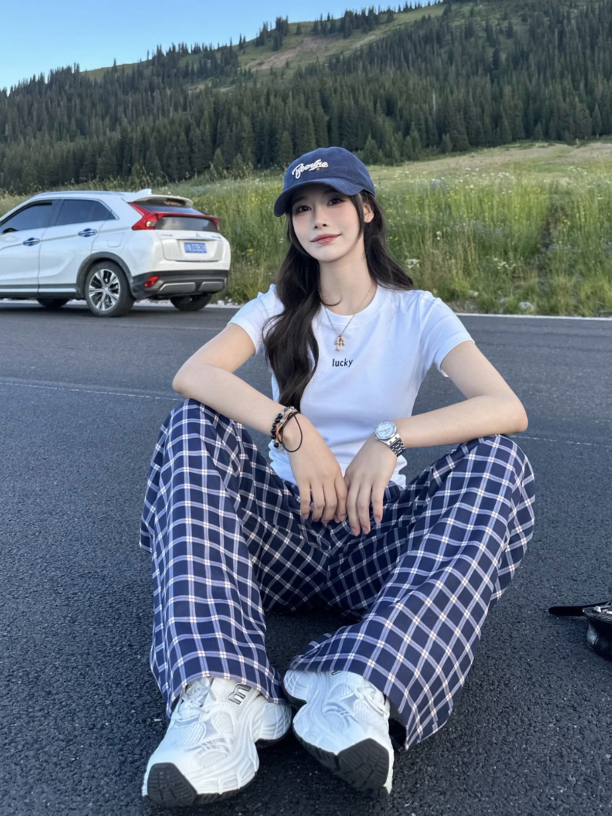 Blue Plaid Casual Pants for Women - Straight Leg, Floor-Length, Spring Autumn Style, Inspired by Zhao Lusi, Y2K Fashion Blue Plaid Casual Pants for Women - Straight Leg, Floor-Length, Spring Autumn Style, Inspired by Zhao Lusi, Y2K Fashion