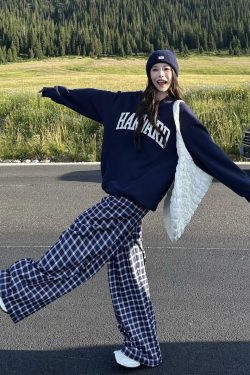 Blue Plaid Casual Pants for Women - Straight Leg, Floor-Length, Spring Autumn Style, Inspired by Zhao Lusi, Y2K Fashion