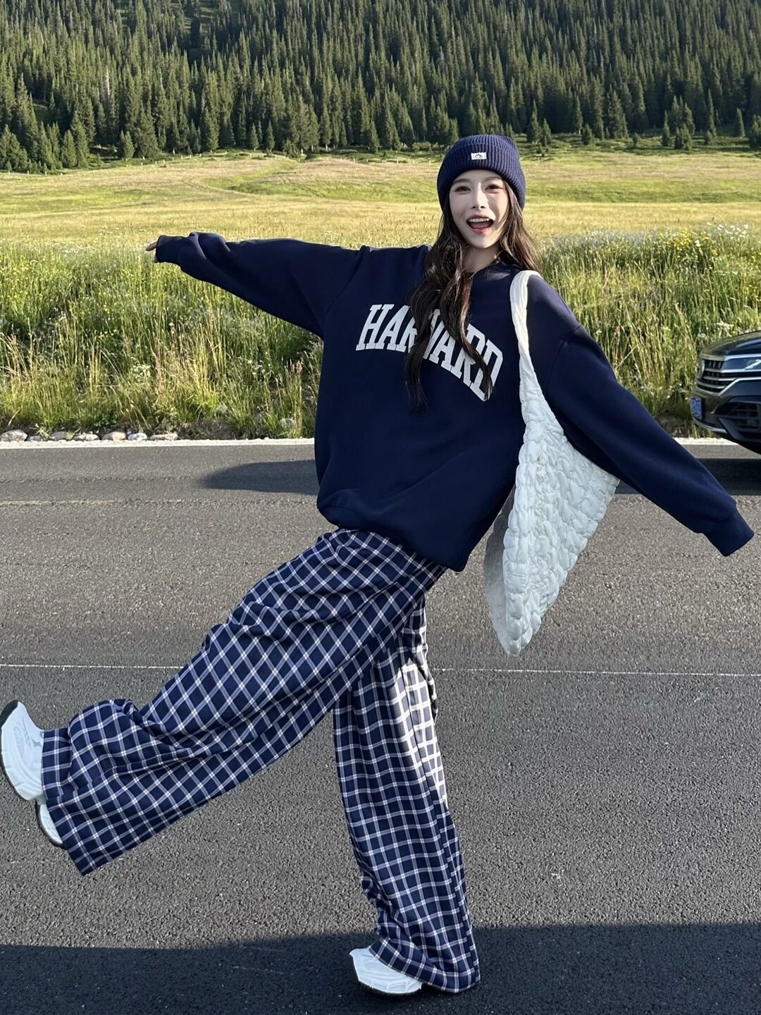 Blue Plaid Casual Pants for Women - Straight Leg, Floor-Length, Spring Autumn Style, Inspired by Zhao Lusi, Y2K Fashion Blue Plaid Casual Pants for Women - Straight Leg, Floor-Length, Spring Autumn Style, Inspired by Zhao Lusi, Y2K Fashion