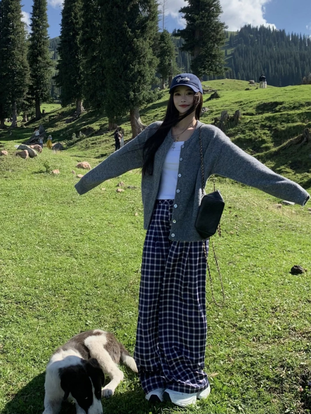 Blue Plaid Casual Pants for Women - Straight Leg, Floor-Length, Spring Autumn Style, Inspired by Zhao Lusi, Y2K Fashion Blue Plaid Casual Pants for Women - Straight Leg, Floor-Length, Spring Autumn Style, Inspired by Zhao Lusi, Y2K Fashion