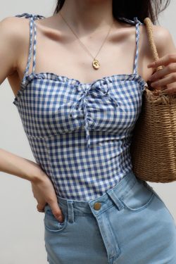 Blue Plaid Lace-Trimmed Camisole with Front Tie, Slim Fit and Pleated Back - Fresh Girl 90s Inspired Top