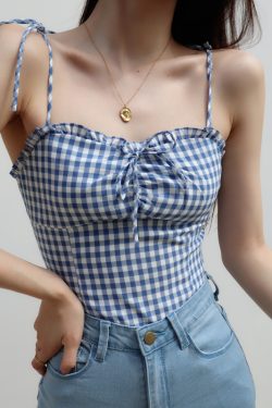 Blue Plaid Lace-Trimmed Camisole with Front Tie, Slim Fit and Pleated Back - Fresh Girl 90s Inspired Top