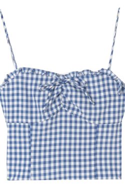 Blue Plaid Lace-Trimmed Camisole with Front Tie, Slim Fit and Pleated Back - Fresh Girl 90s Inspired Top