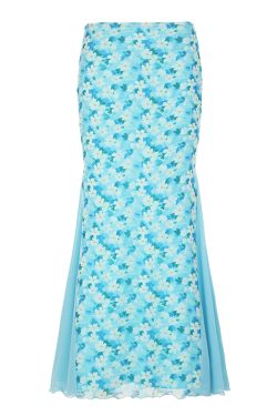 Blue Rose Printed Tulle Vintage Midi Skirt - Elegant Long Skirt for Spring - Trendy Floral Design, Perfect for 90s and Y2K Styles