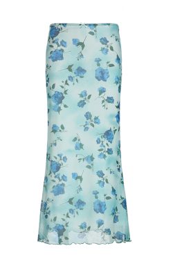 Blue Rose Printed Tulle Vintage Midi Skirt - Elegant Long Skirt for Spring - Trendy Floral Design, Perfect for 90s and Y2K Styles