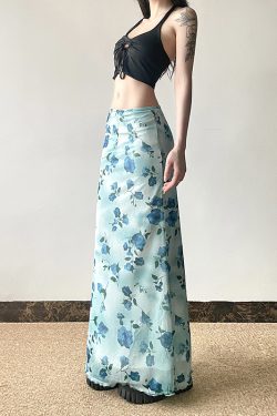 Blue Rose Printed Tulle Vintage Midi Skirt - Elegant Long Skirt for Spring - Trendy Floral Design, Perfect for 90s and Y2K Styles