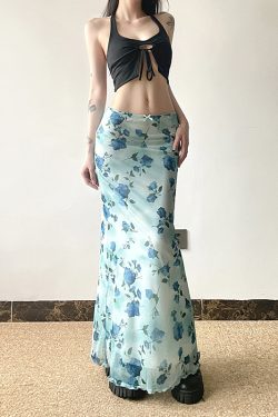 Blue Rose Printed Tulle Vintage Midi Skirt - Elegant Long Skirt for Spring - Trendy Floral Design, Perfect for 90s and Y2K Styles