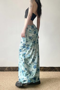Blue Rose Printed Tulle Vintage Midi Skirt - Elegant Long Skirt for Spring - Trendy Floral Design, Perfect for 90s and Y2K Styles