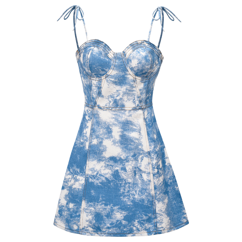 Blue Sky White Cloud Tie-Dye Denim Cami Dress with Shoulder Straps and Cups - Women's Short Skirt, Y2K Summer Fashion Blue Sky White Cloud Tie-Dye Denim Cami Dress with Shoulder Straps and Cups - Women's Short Skirt, Y2K Summer Fashion