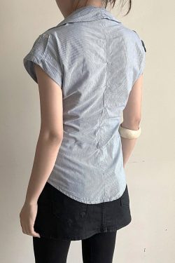 Blue Striped Short Sleeve Button-Up Cardigan Shirt for Women - Summer Waist-Defined French Style Top
