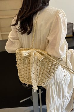 Bohemian Straw Beach Bag for Women - Woven Single-Shoulder Vacation Tote, Summer 2025 Vegetable Basket Style