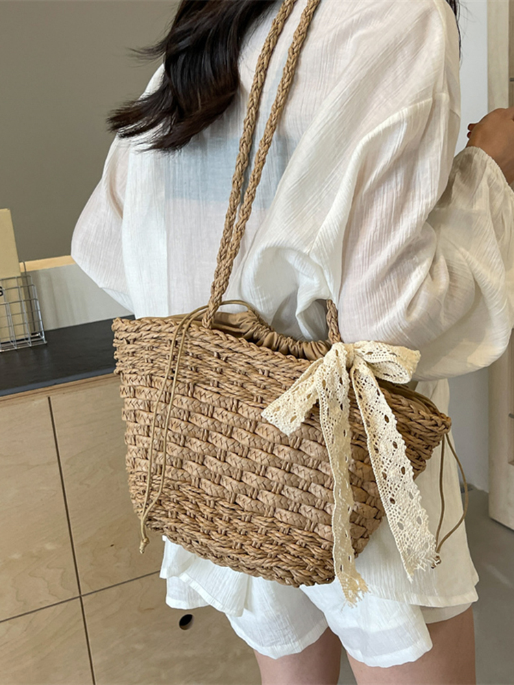 Bohemian Straw Beach Bag for Women - Woven Single-Shoulder Vacation Tote, Summer 2025 Vegetable Basket Style Bohemian Straw Beach Bag for Women - Woven Single-Shoulder Vacation Tote, Summer 2025 Vegetable Basket Style