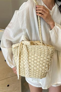 Bohemian Straw Beach Bag for Women - Woven Single-Shoulder Vacation Tote, Summer 2025 Vegetable Basket Style