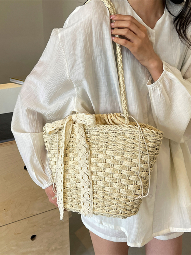 Bohemian Straw Beach Bag for Women - Woven Single-Shoulder Vacation Tote, Summer 2025 Vegetable Basket Style Bohemian Straw Beach Bag for Women - Woven Single-Shoulder Vacation Tote, Summer 2025 Vegetable Basket Style