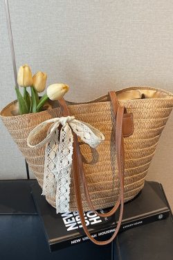 Bohemian Straw Beach Bag for Women - Woven Summer 2025 Single-Shoulder Vacation Tote, Eco-Friendly Vegetable Basket Style