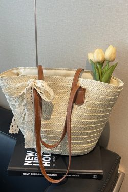 Bohemian Straw Beach Bag for Women - Woven Summer 2025 Single-Shoulder Vacation Tote, Eco-Friendly Vegetable Basket Style