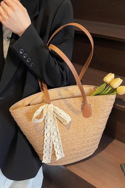 Bohemian Straw Beach Bag for Women - Woven Summer 2025 Single-Shoulder Vacation Tote, Eco-Friendly Vegetable Basket Style
