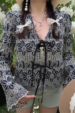 Bohemian Tie-Up Bell Sleeve Shirt Top - Handmade Cotton Vacation Top with Niche Embroidery for a Chic 90s Inspired Look